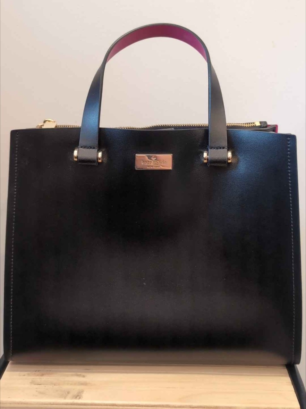 kate spade Black Leather Handbag with Silver Logo Plaque